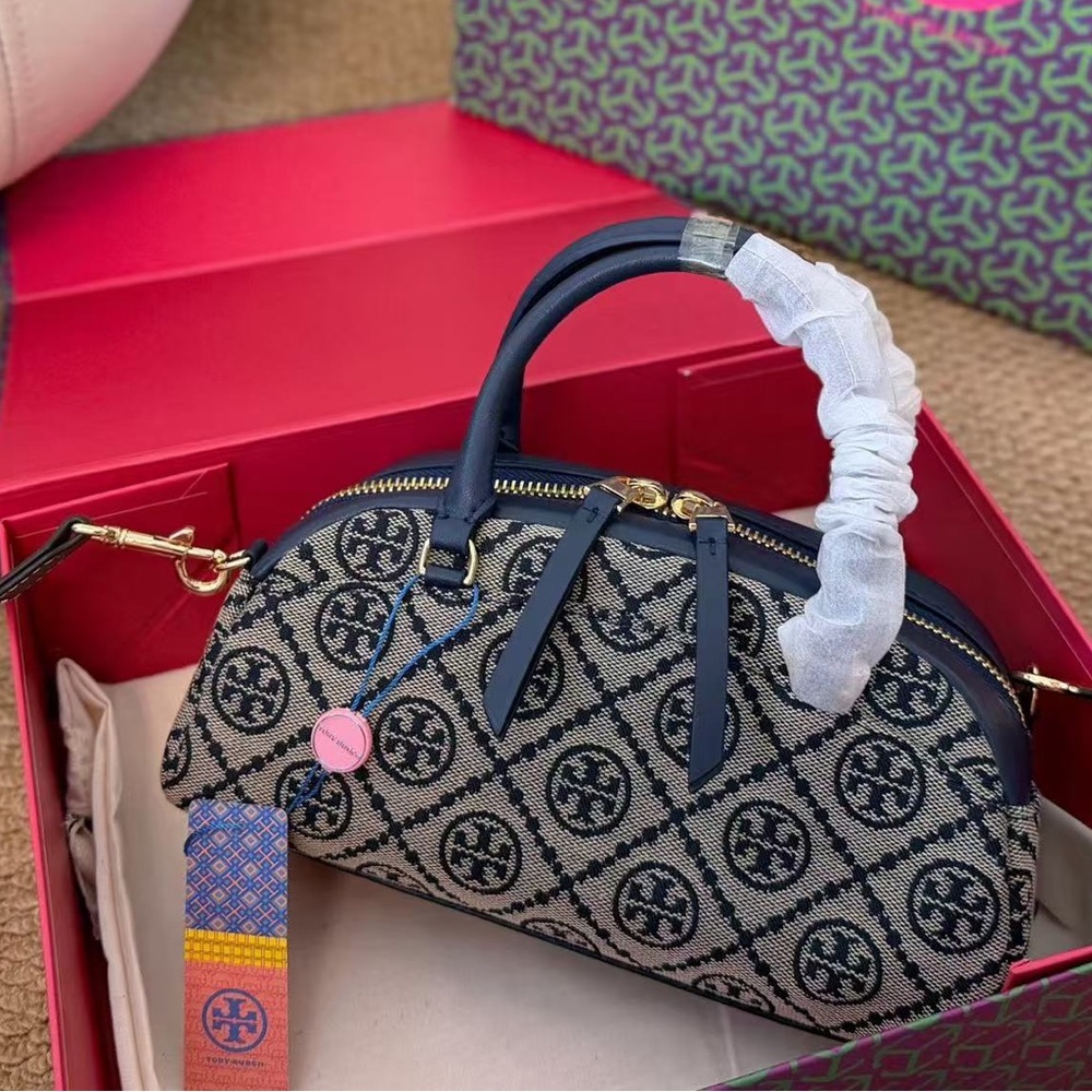 Tory Burch T Monogram Mini Bowling Bag Navy